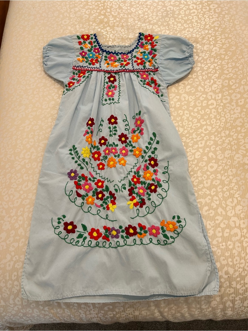 Girls Light Blue Embroidered Floral Dress